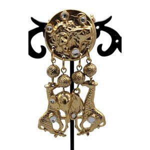 Safari Animal Brooch Rhinestone Accents Lion Top Dangling Giraffe & Elephant